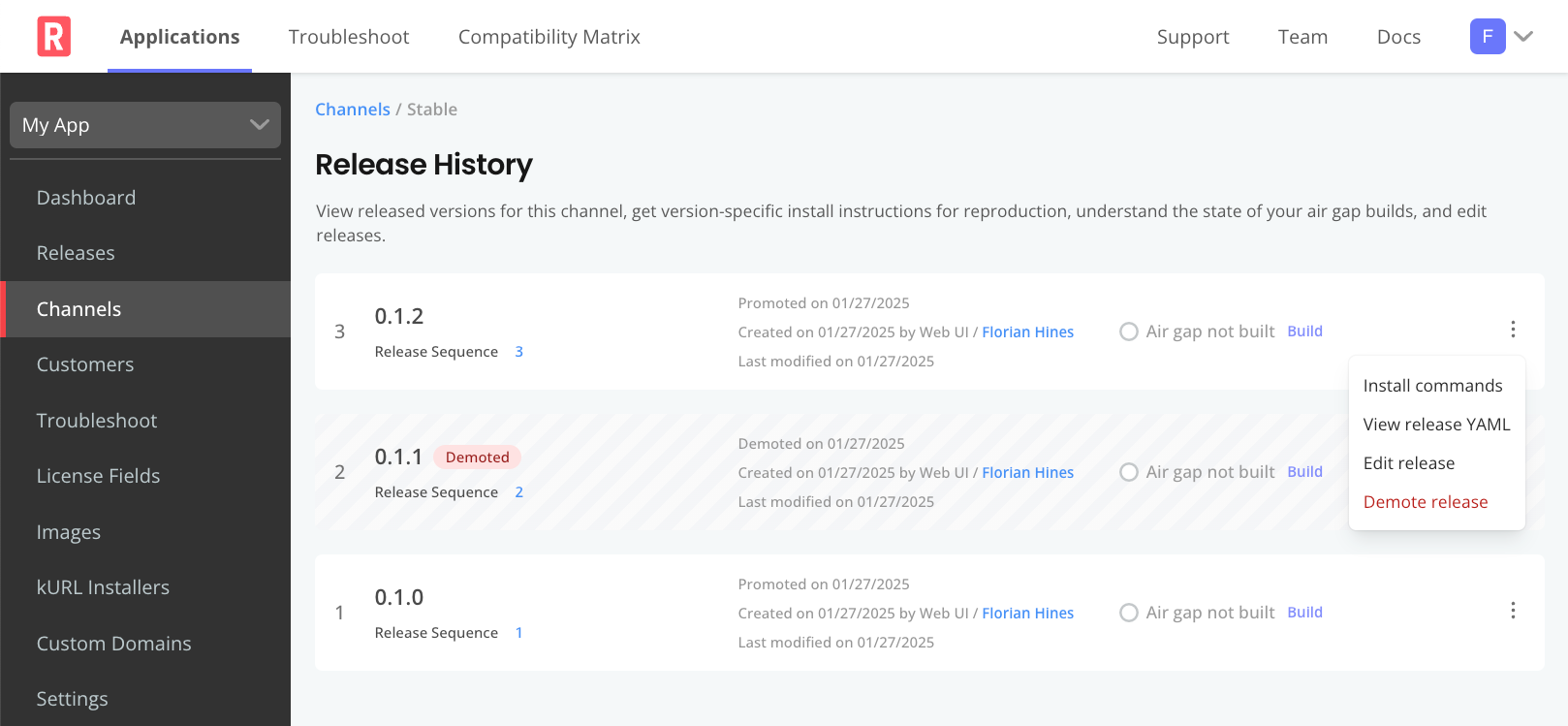 Release history page in the Vendor Portal